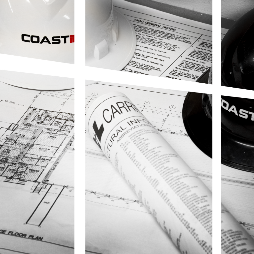 blue prints and hard hat with Coast logo overlay